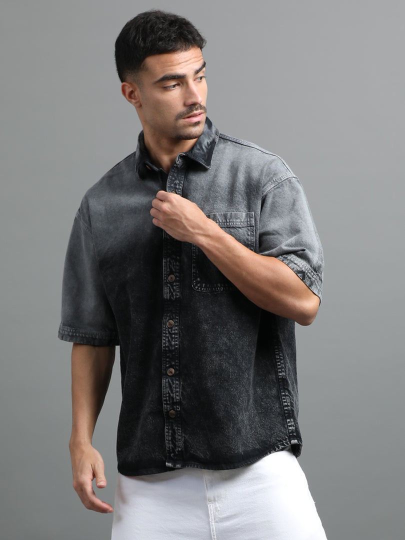 DENIM HALF SLEEVE DYE SHIRT SINGLE POCKET