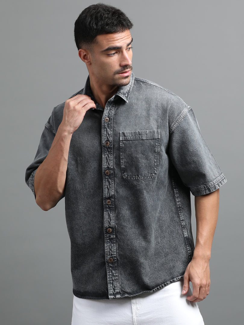 DENIM HALF SLEEVE DYE SHIRT SINGLE POCKET